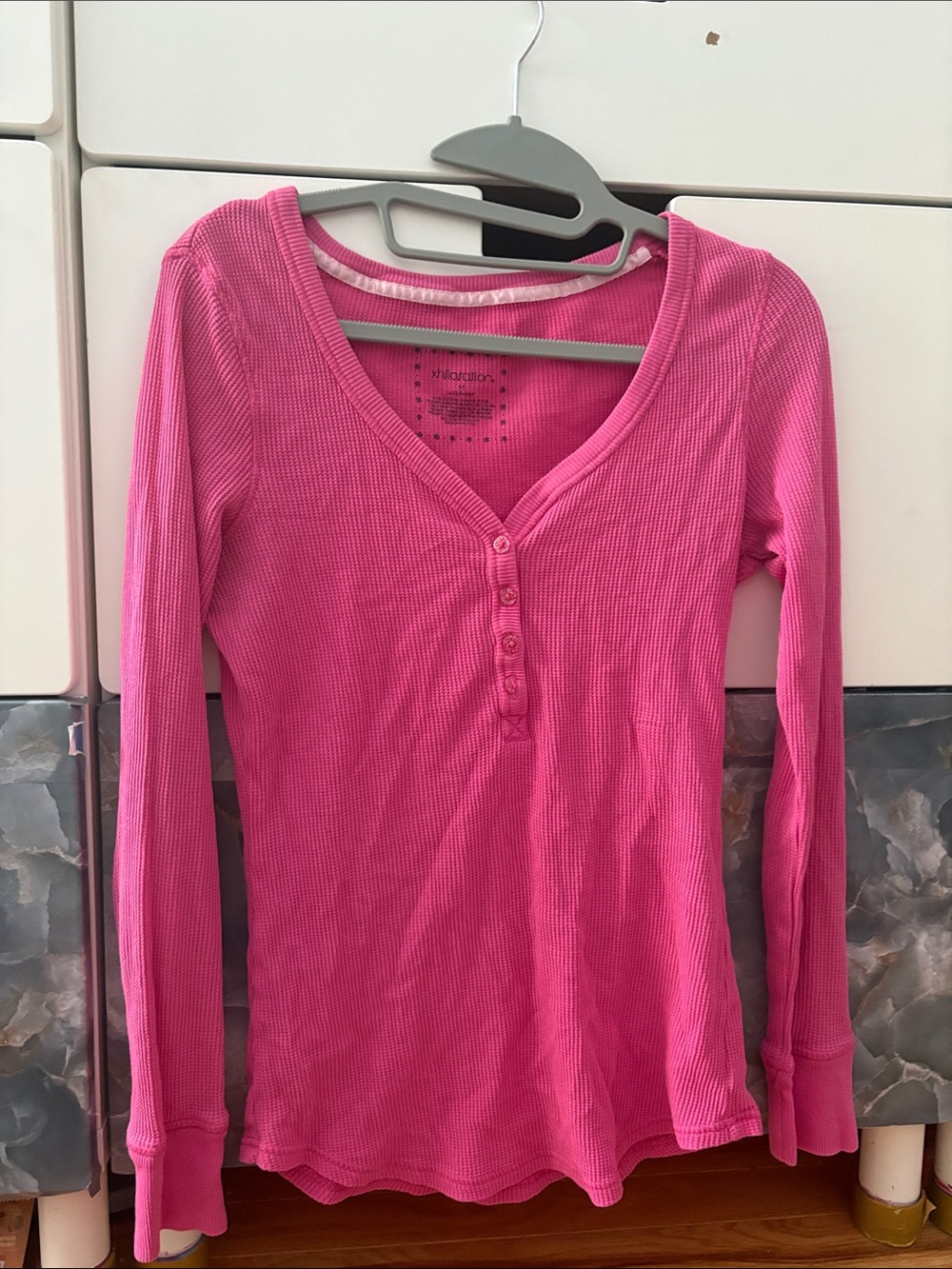 Xhilaration Hot Pink Ribbed Long Sleeve Henley Button-Down Top